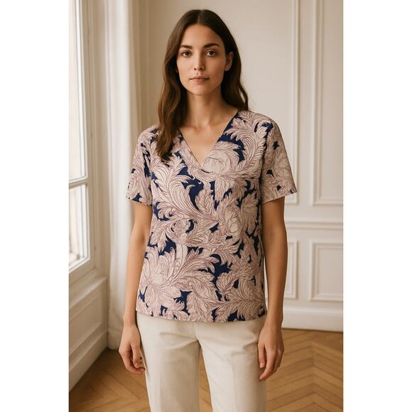 Talbots Navy White Pink Floral Faux Wrap Silk Blend Top 14W - Picture 1 of 9